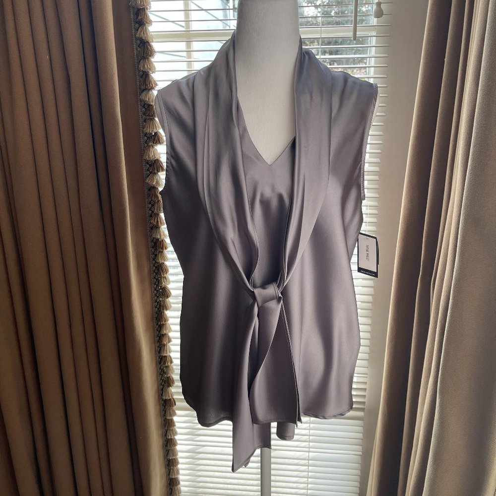 NWT- Nine West Silver Sleeveless Blouse with Tie  Sz Med